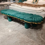 Green Wave-Shaped Velvet Bed Bench with Gold Stainless Steel Trim